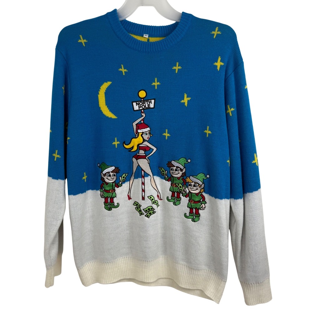 Costume Agent Ugly Christmas Sweater Men XL Blue Elf North Pole Striptease Party